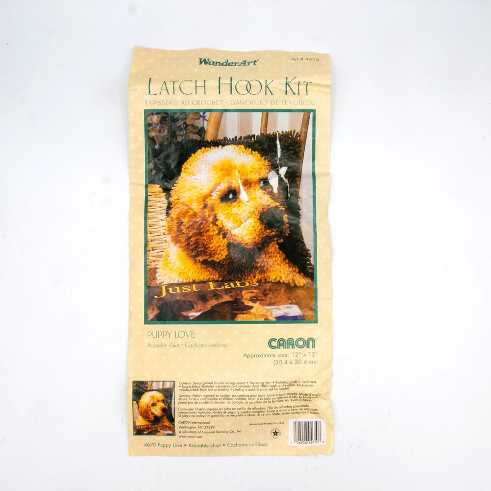 WonderArt Caron Latch Hook Kit Puppy Love Yellow Lab Dog 12x12 Open Box Complete